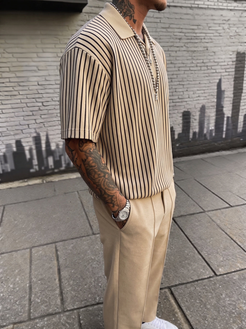 Vertical Striped Polo Shirt and Trousers 2 Piece Set