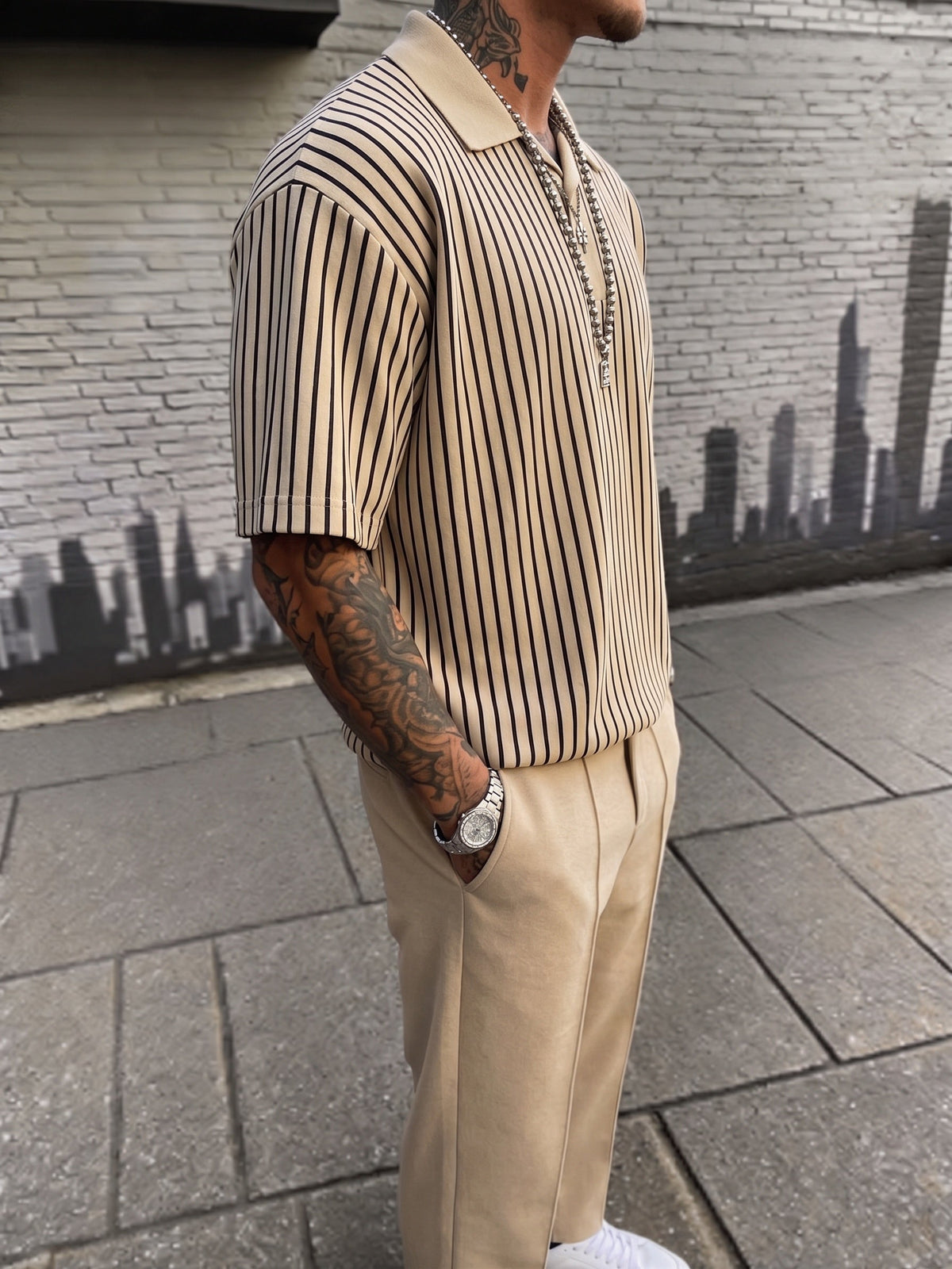 Vertical Striped Polo Shirt and Trousers 2 Piece Set