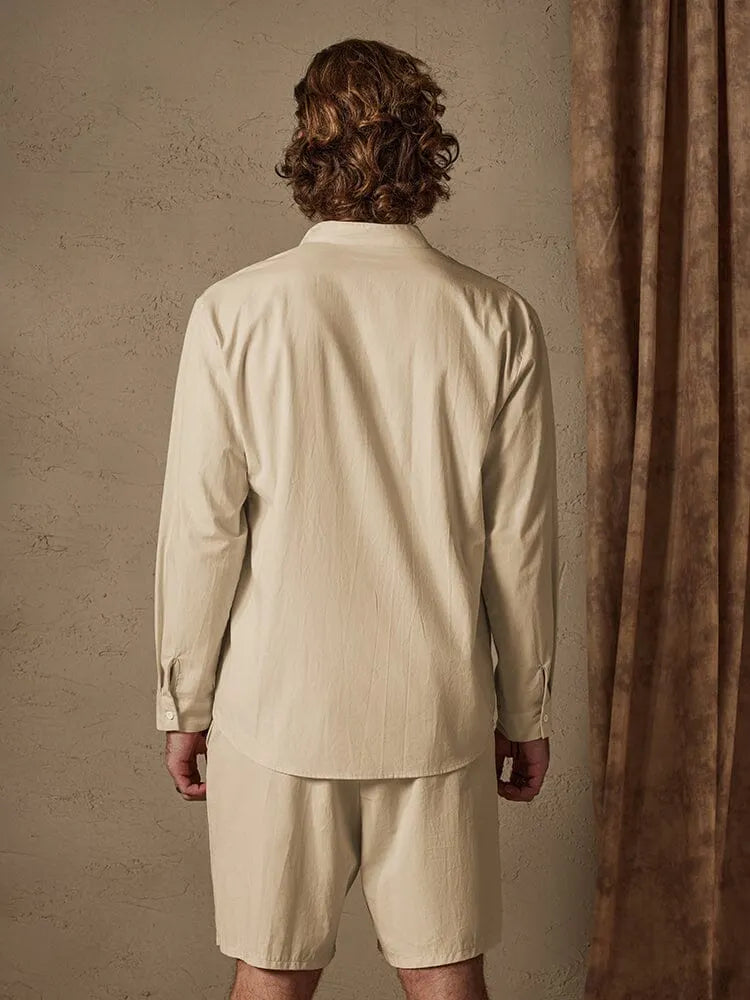 Casual Solid Color Cotton Linen Beach Shirt Set