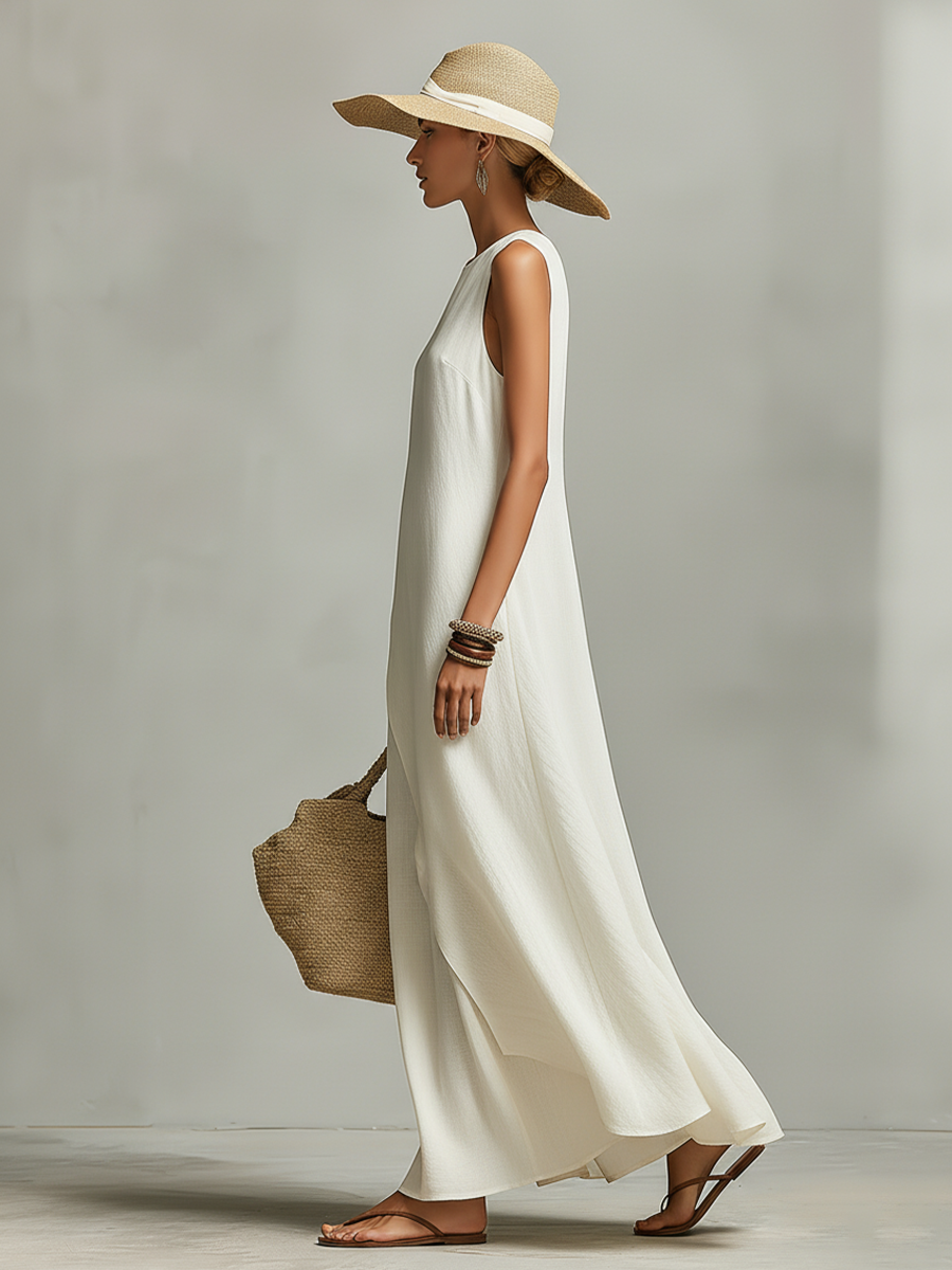 Sleeveless  Asymmetric Hem Ivory Breathable Linen Dress