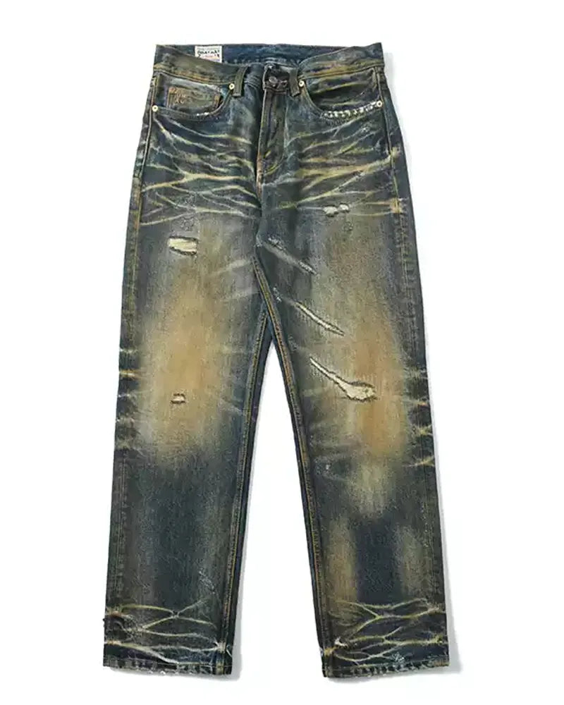 Vintage Yellow Mud Washed Distressed Jeans