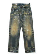 Vintage Yellow Mud Washed Distressed Jeans