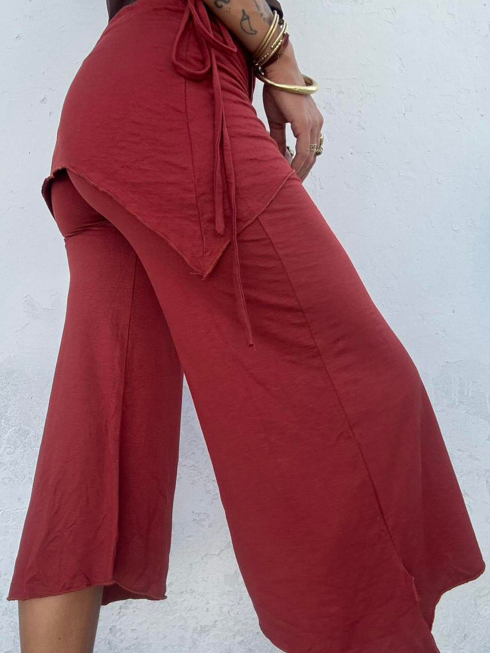 Drawstring Faux Two-Piece Asymmetric Cropped Wide Leg Pants