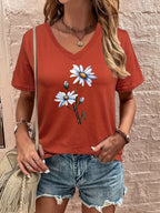 Floral Print V Neck T-shirt, Casual Short Sleeve T-shirt For Summer, Women's Clothing