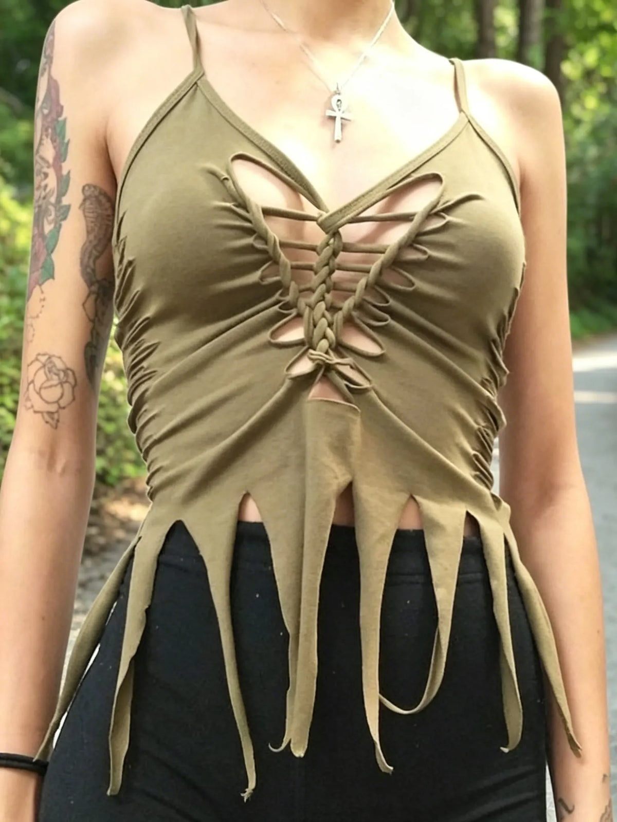 Front Braided Rope Cutout Tassel Cami Top