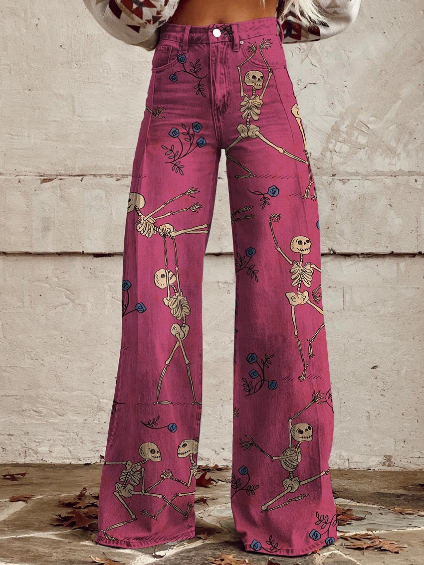 Women's Pink Skull Dance Print Casual Wide Leg Pants