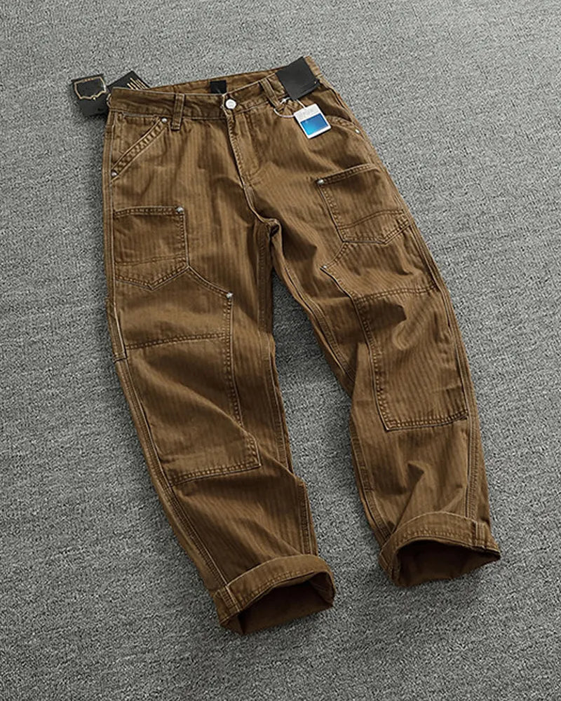 Vintage Herringbone Twill Riveted Double Knee Straight Cargo Pants