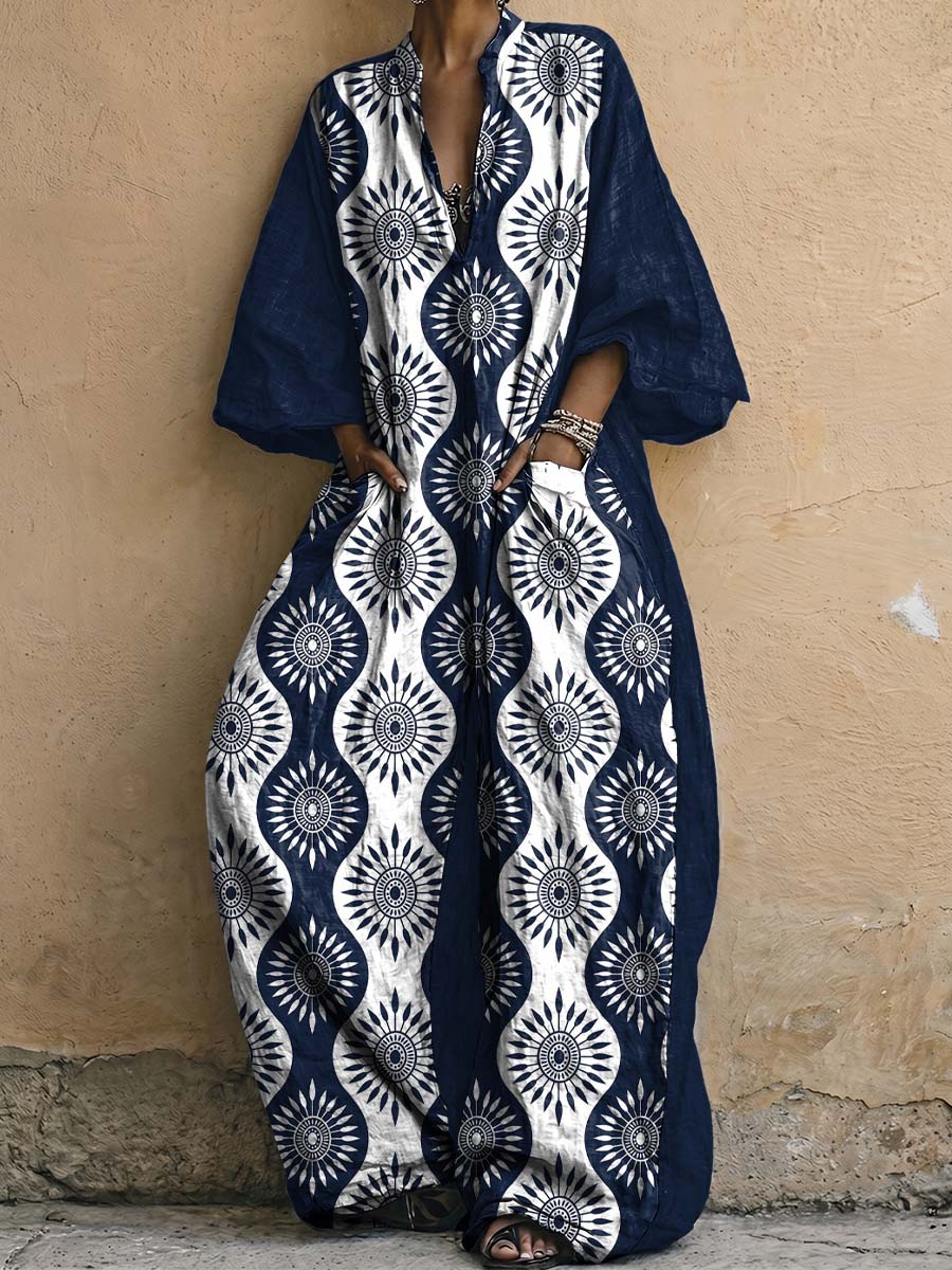 Exotic Floral Decorative Patterns Women's Long Sleeve V Collar Cotton Linen Jumpsuit