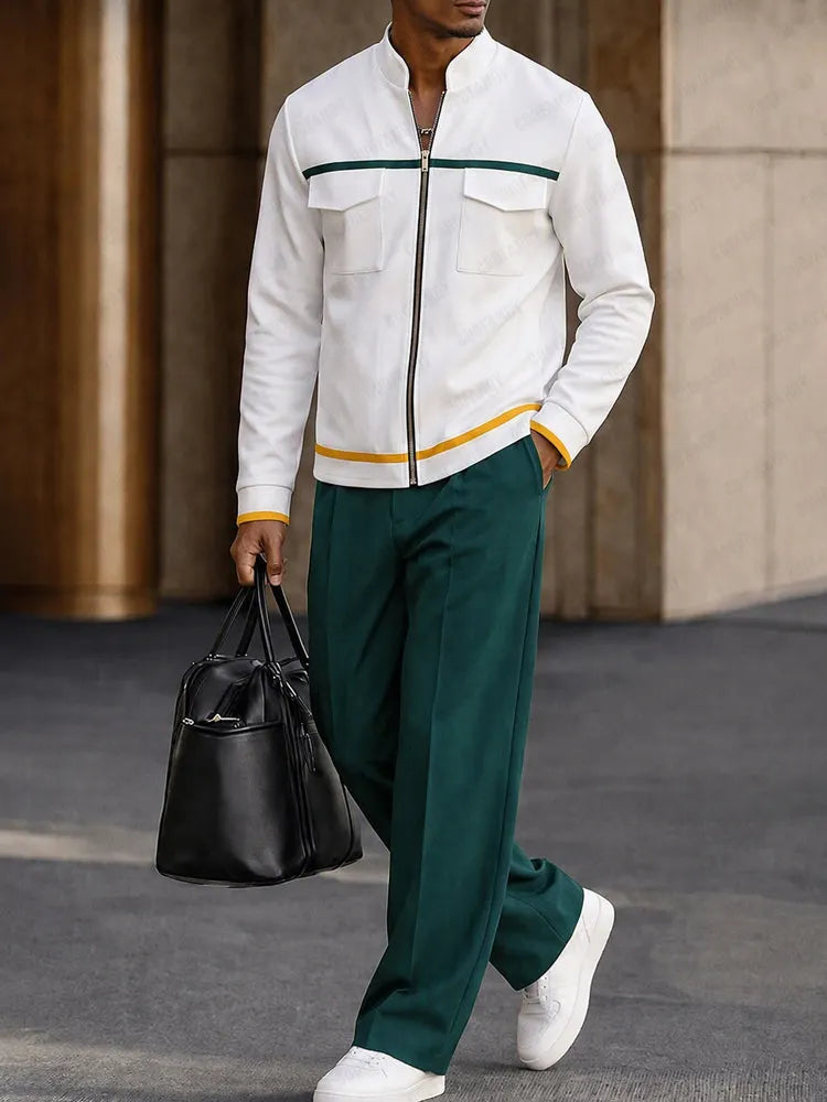 Sporty Contrast Color Jacket Pants Set