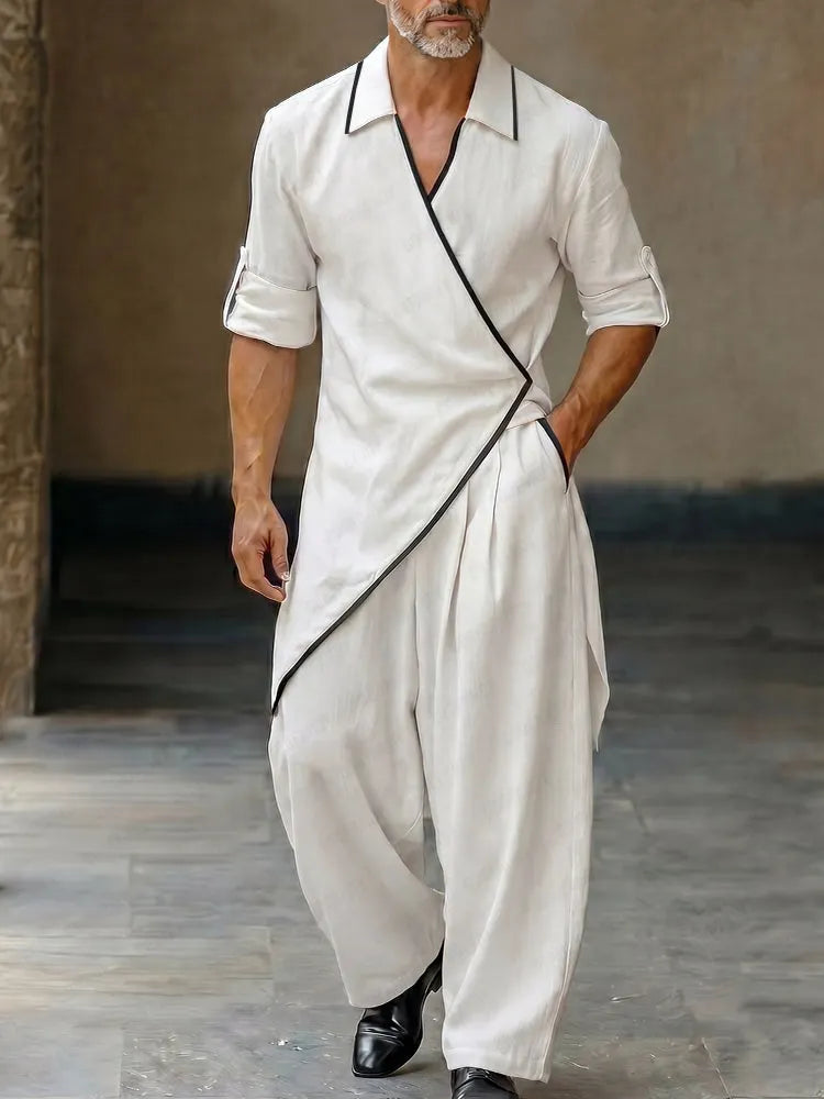 Asymmetrical Hem Contrast Trim Wrap Shirt Pants Set