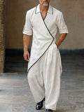 Asymmetrical Hem Contrast Trim Wrap Shirt Pants Set