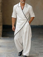 Asymmetrical Hem Contrast Trim Wrap Shirt Pants Set