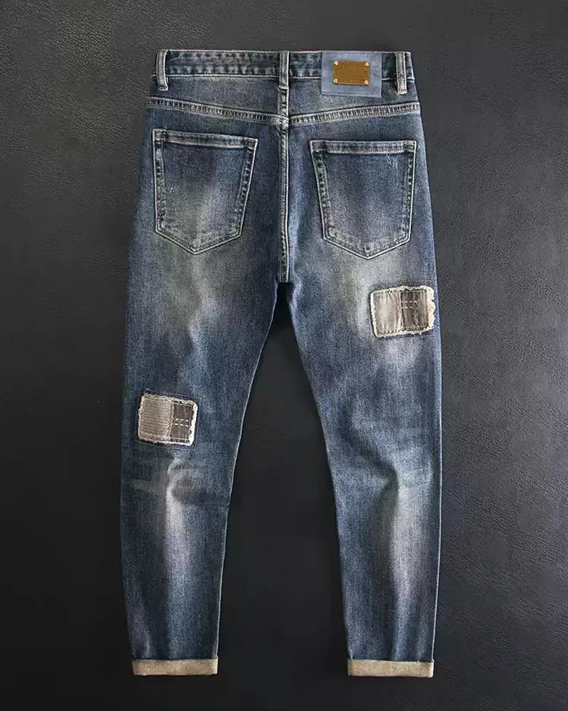 Vintage Frayed Patchwork Distressed Relaxed Tapered Denim Jeans