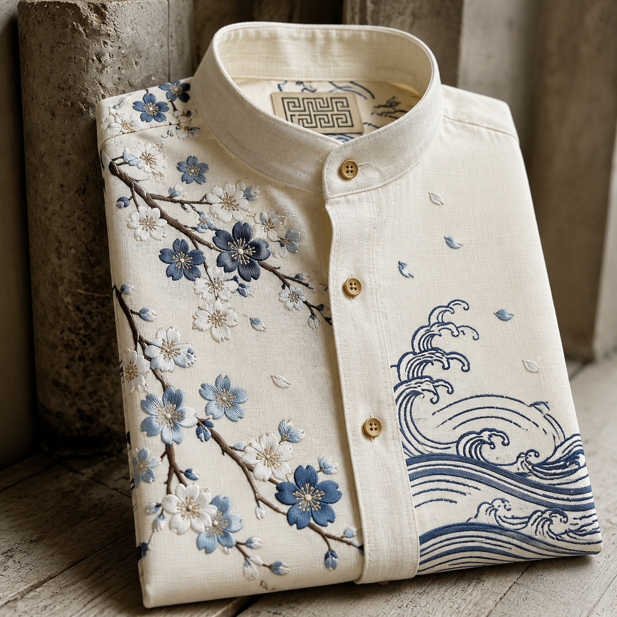 Men's Retro Sakura & Ocean Wave Oriental Style Casual Shirt