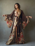 Women's Brown Floral Print Chiffon Kimono-Style Robe (with Belt)