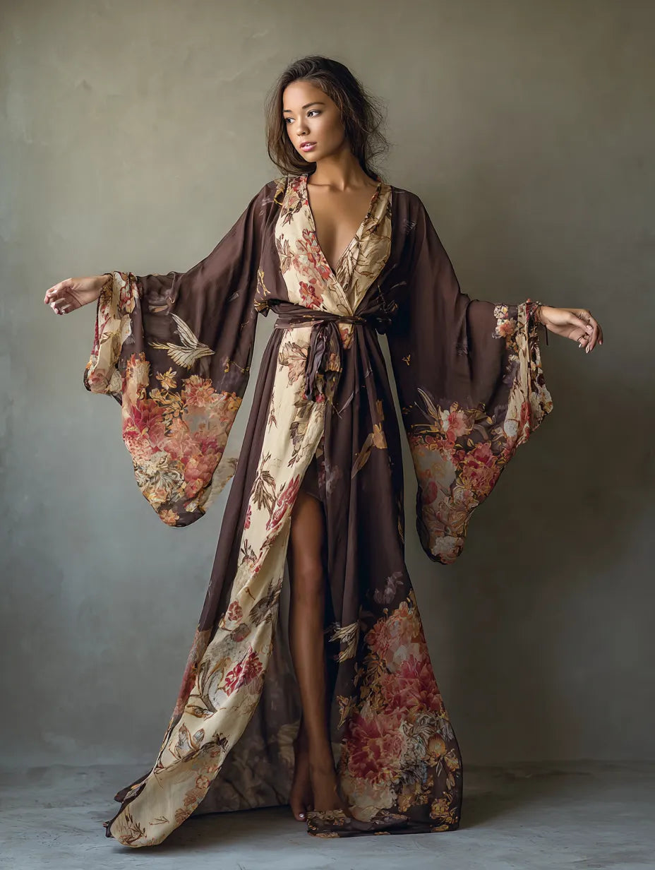 Women's Brown Floral Print Chiffon Kimono-Style Robe (with Belt)