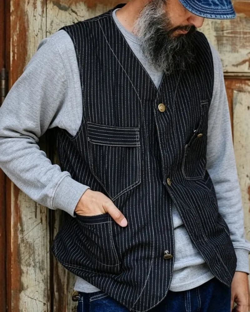 Vintage Black Wabash Stripe Multi©\Pocket Utility Cargo Vest