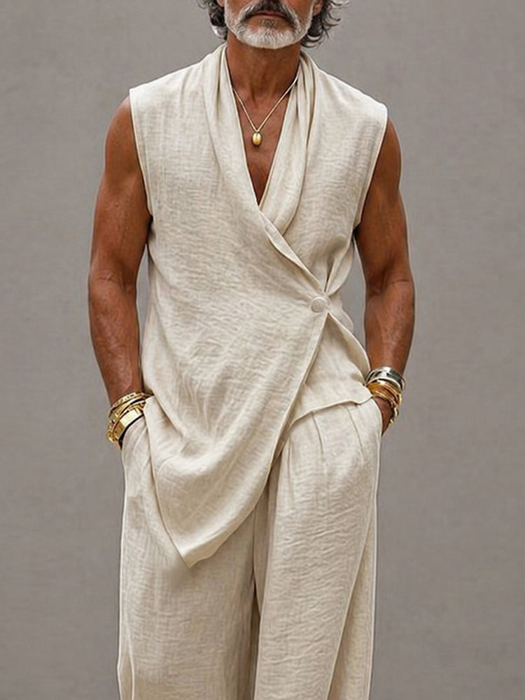 Casual 100% Cotton Back-Belt Vest and Loose Jogger Set
