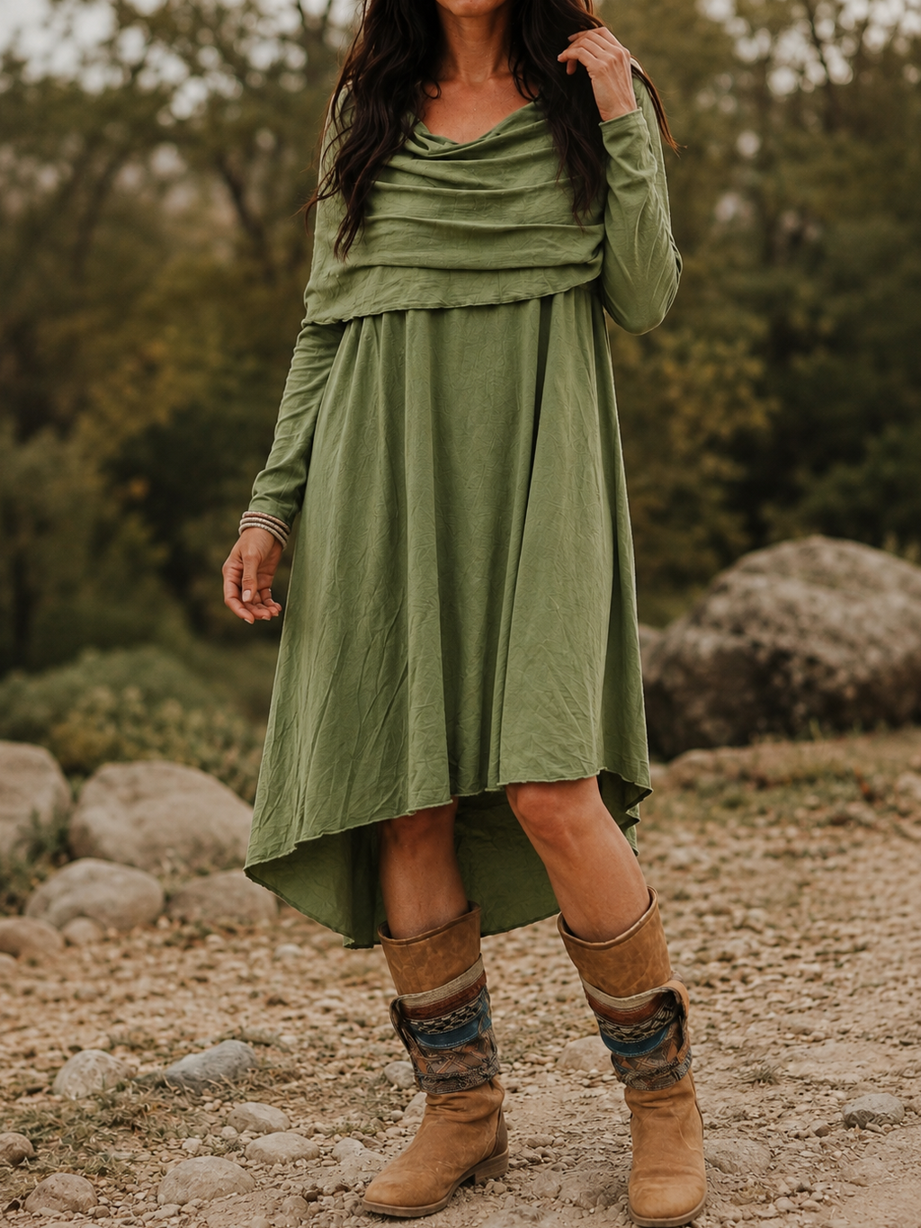 Double-Layer Cowl Neck Asymmetric High-Low Hem Long Sleeve Dress