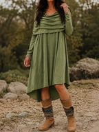 Double-Layer Cowl Neck Asymmetric High-Low Hem Long Sleeve Dress