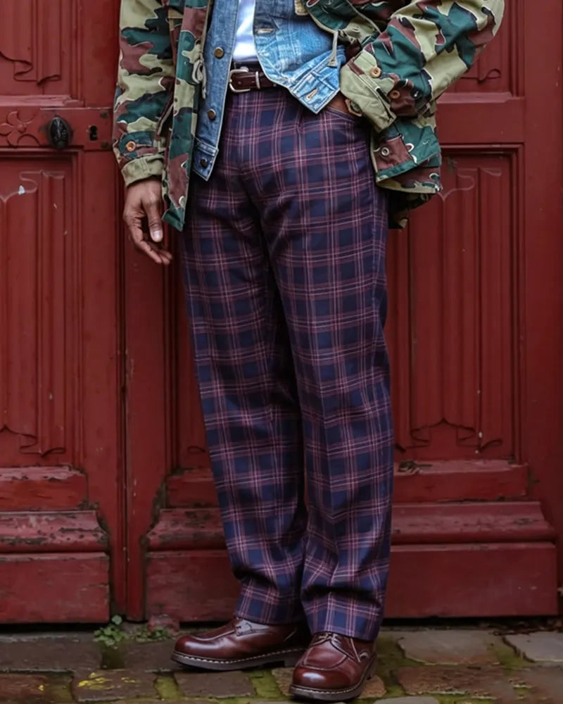 Vintage Navy Burgundy Tartan Straight©\Leg Trousers