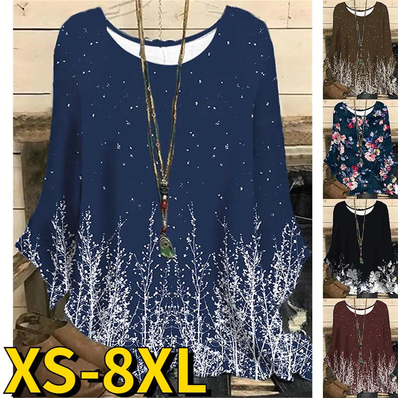 Flower Printing Fashion Casual Elegant Top Round Neck Long Sleeve T-Shirts