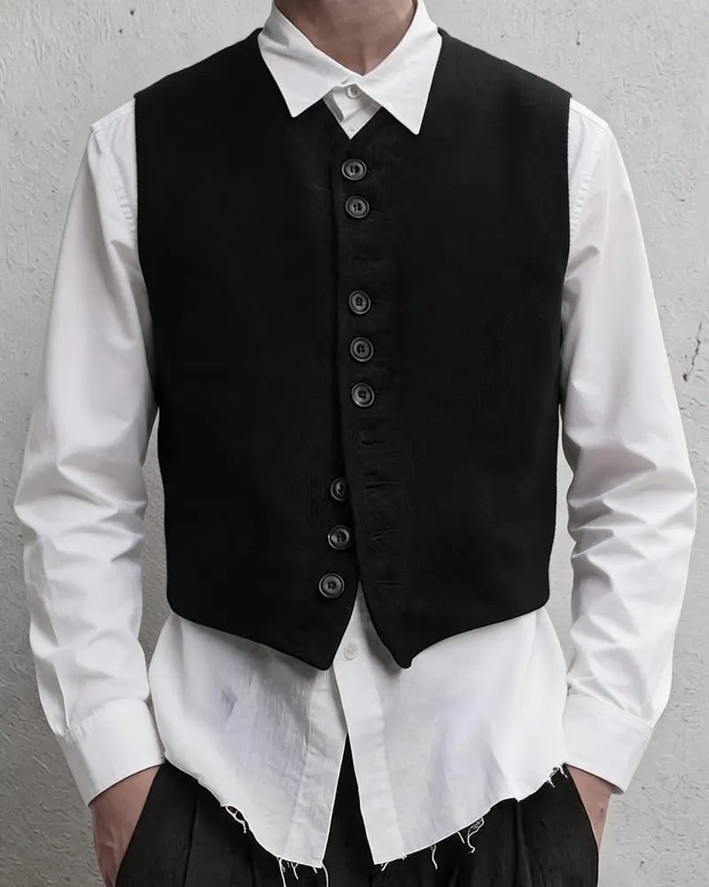 Vintage Black V-neck Single-breasted Vest