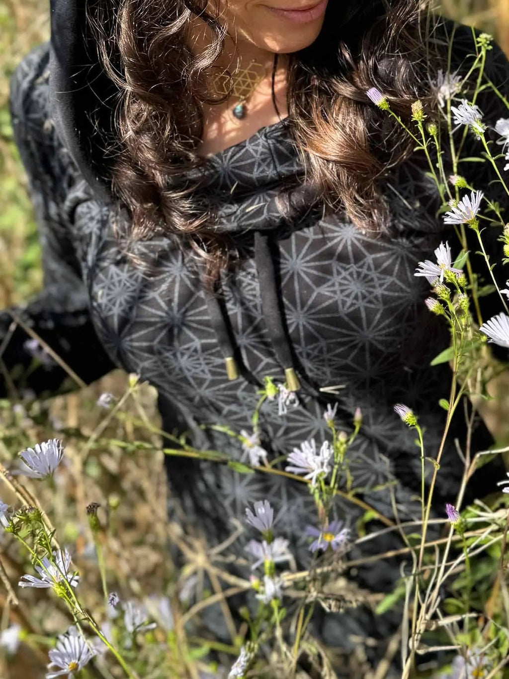 Fitted Sacred Geometry Cowl Hood Long Sleeve Mini Dress with Pockets and Thumbhole Cuffs