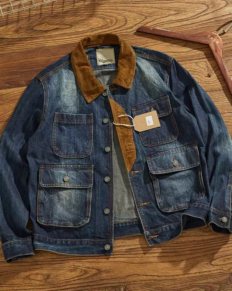 Vintage Corduroy Collar Multi©\Pocket Chore Denim Jacket
