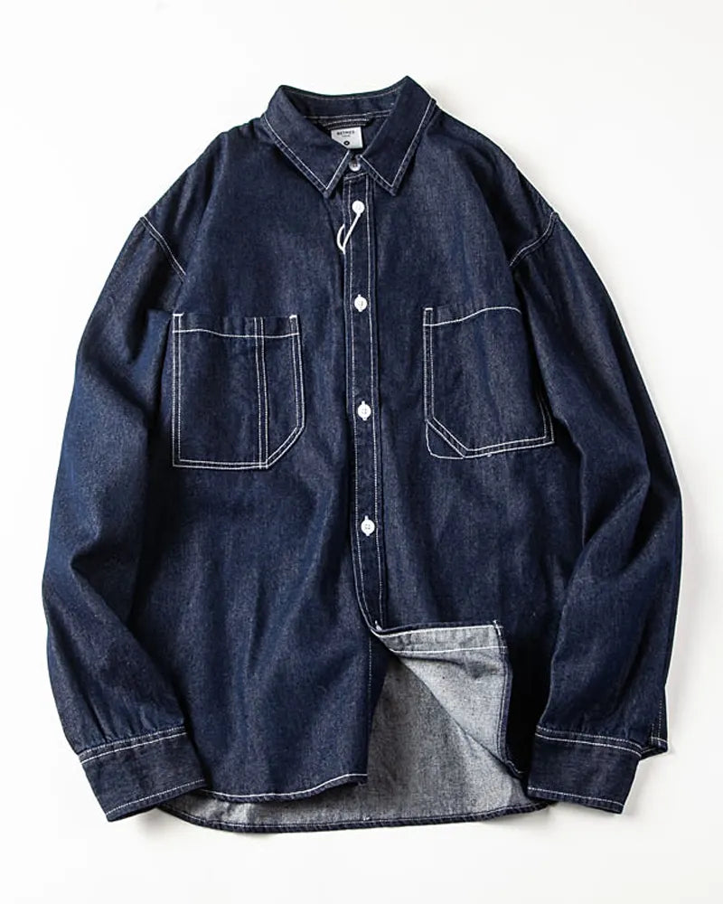 Vintage Contrast Stitch Dual Pocket Loose Long Sleeve Denim Shirt