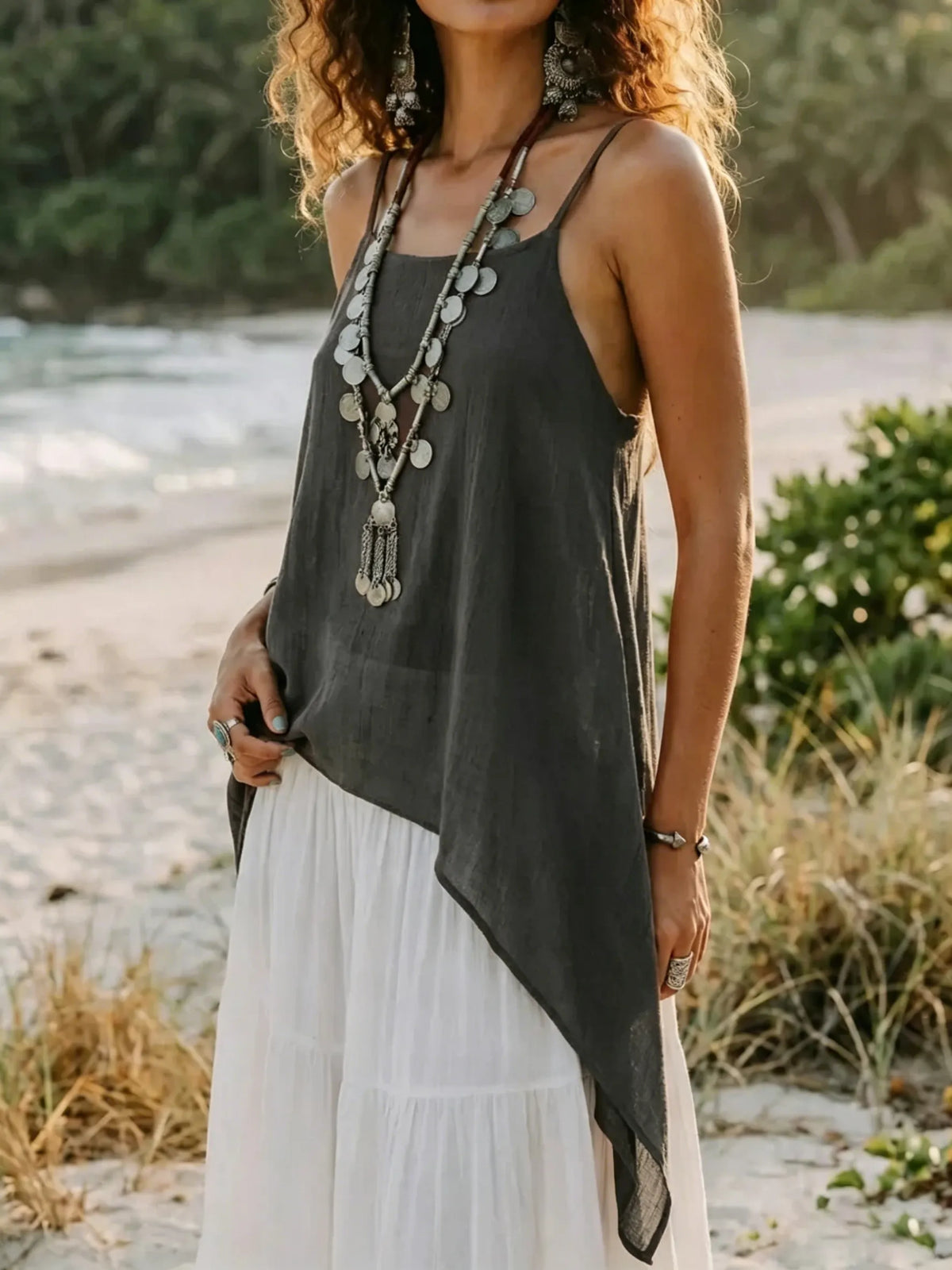 Women's Boho Cotton Cami Top / Flowy Asymmetric Spaghetti Strap Tank