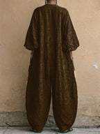 Exotic, Colorful Geometric Totem Decorative Pattern Women's Long Sleeve V Collar Cotton Linen Jumpsuit