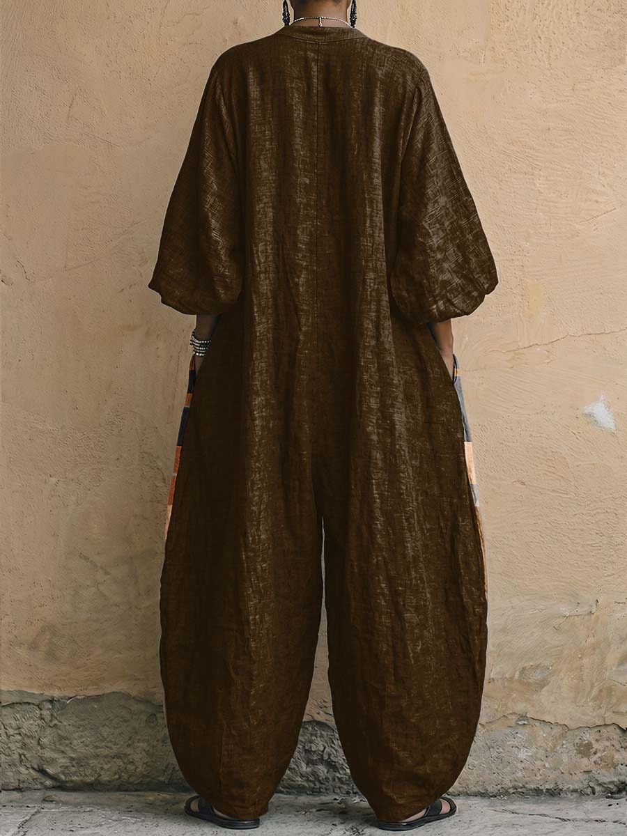 Exotic, Colorful Geometric Totem Decorative Pattern Women's Long Sleeve V Collar Cotton Linen Jumpsuit