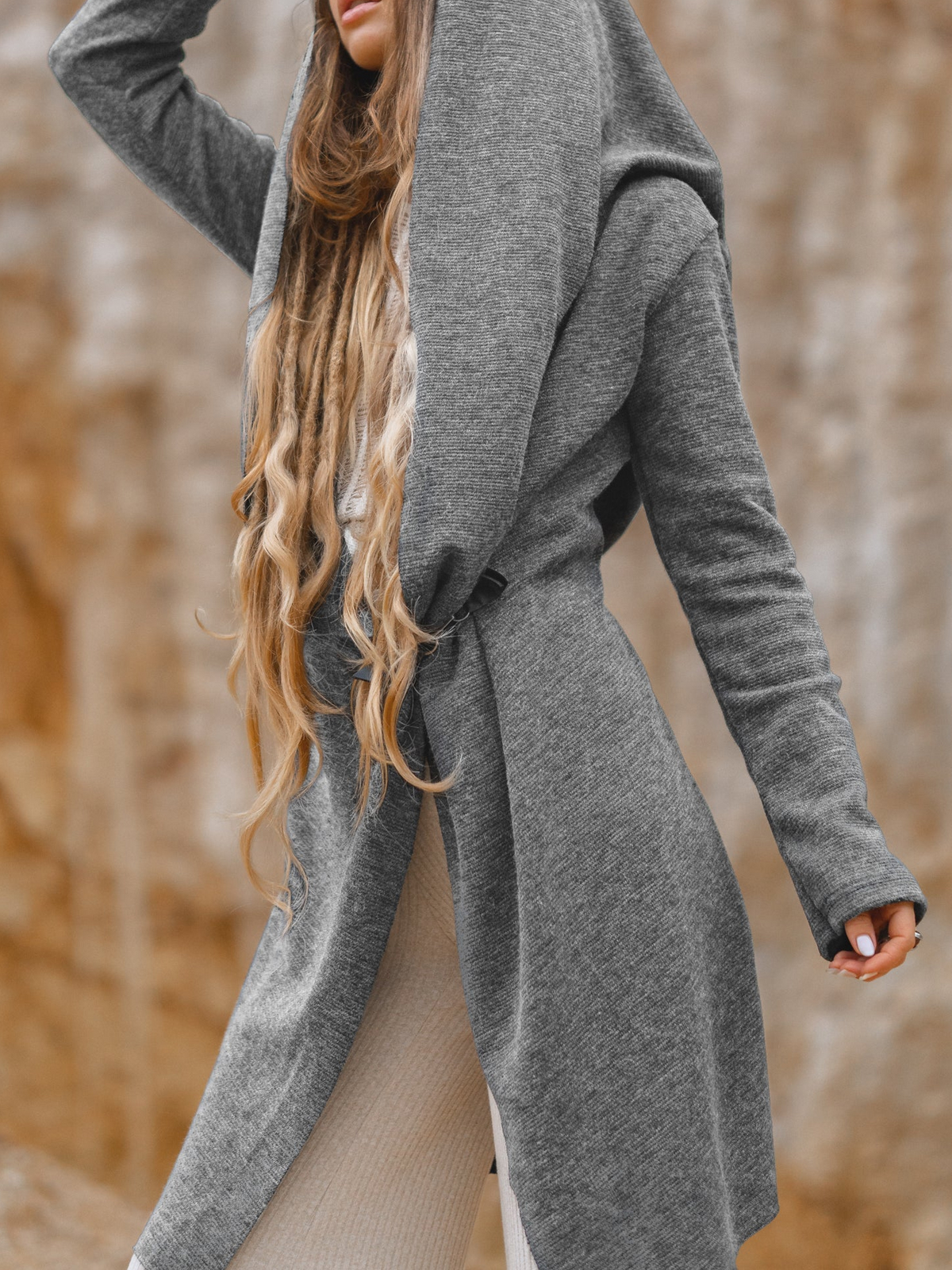 Fashionable Bohemian Hooded Cardigan Light Grey