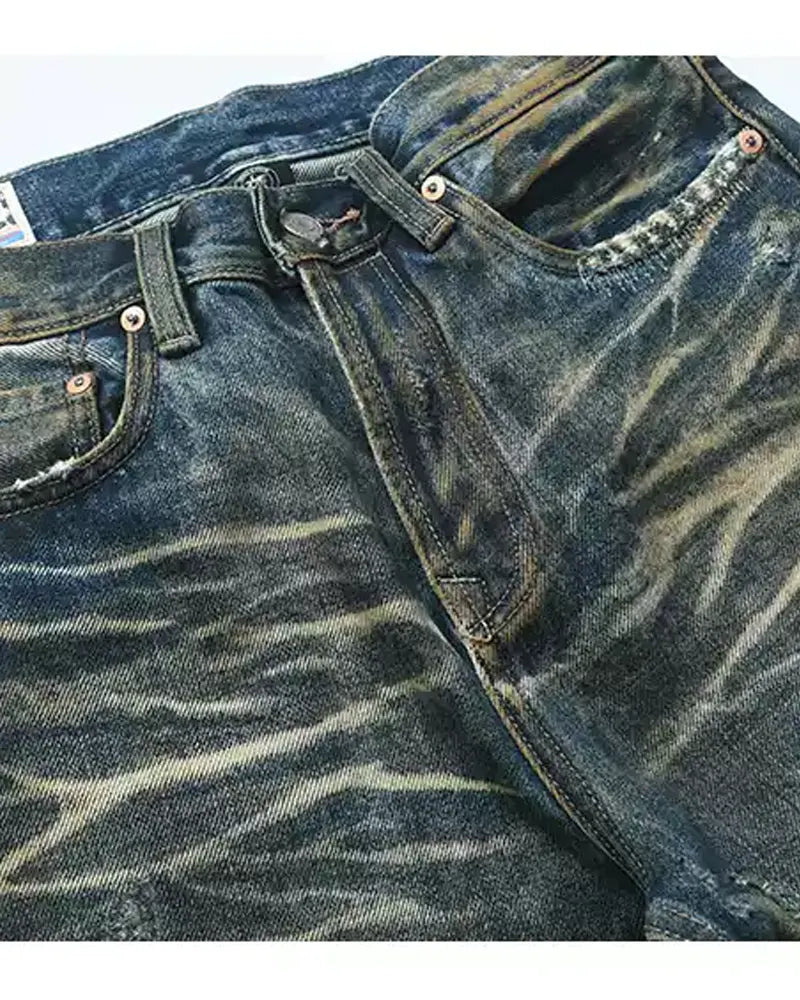 Vintage Yellow Mud Washed Distressed Jeans
