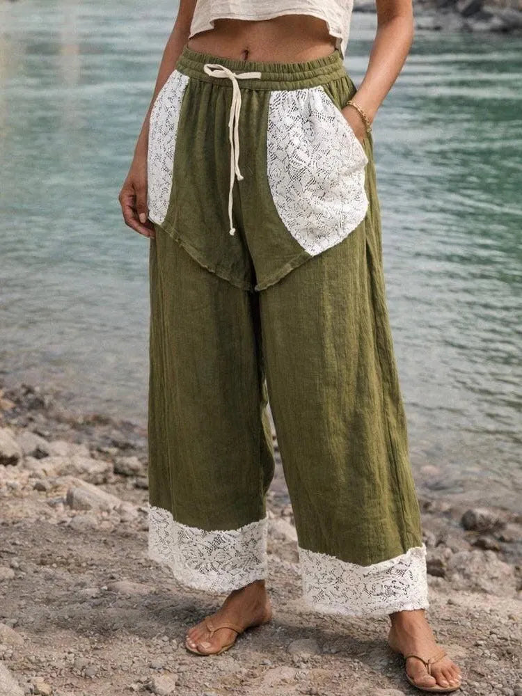 Boho Wide Leg Pants with Lace Panel Detail - Daksh Hrem Pant