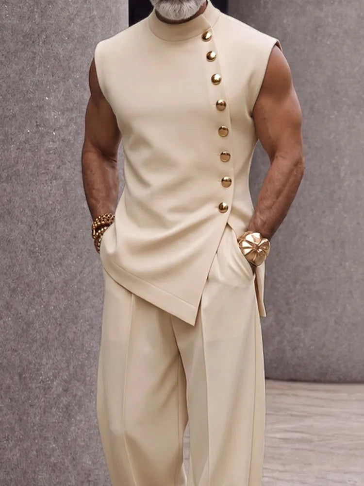 Refined Button Design Sleeveless Top and Pants Set