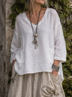 Women¡¯s Relaxed V-Neck White Linen Top