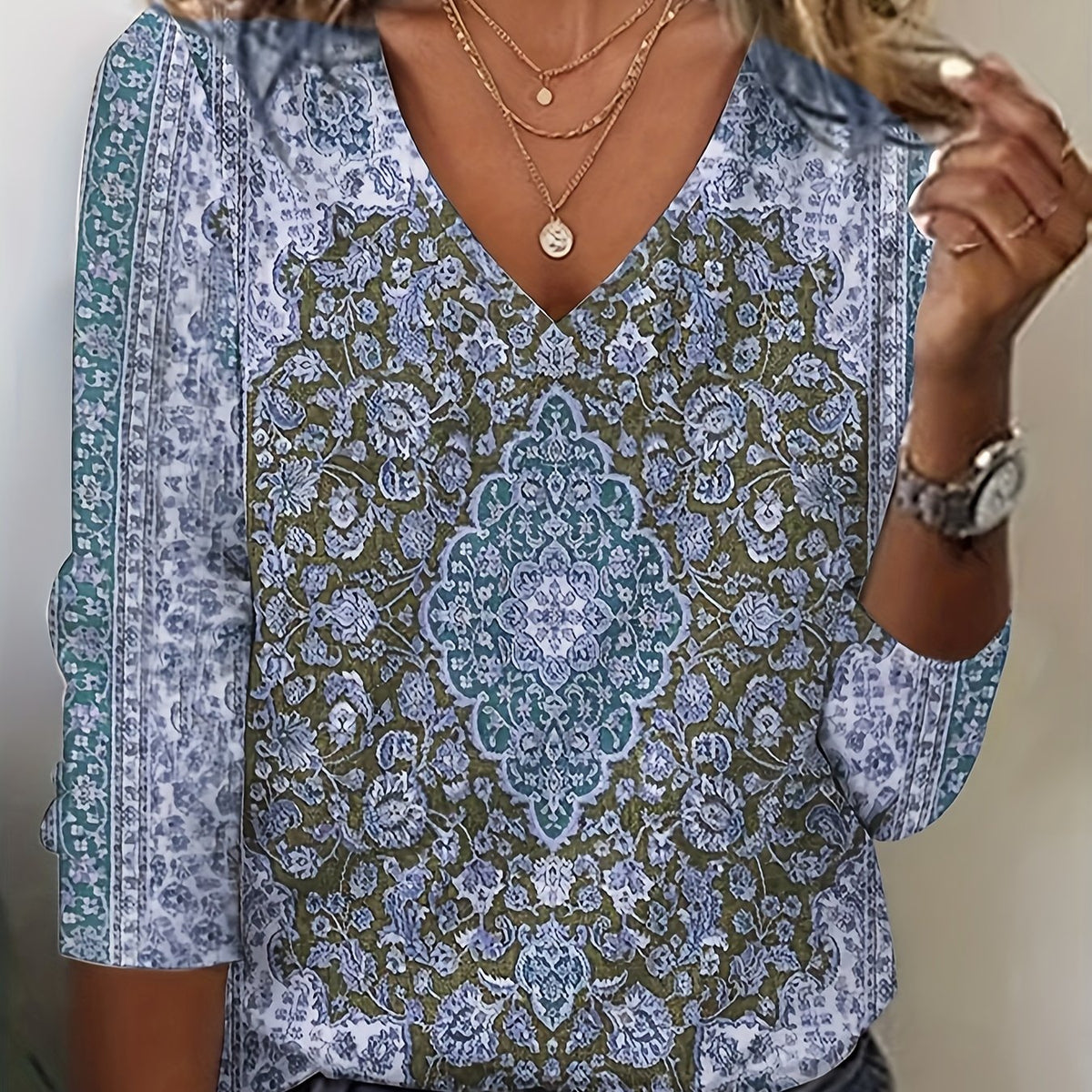 Women's Floral Print V Neck Long Sleeve T-Shirt - Casual Spring and Fall Top