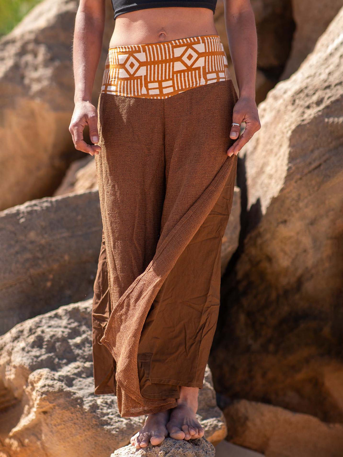 Wide Leg Boho Pants Unisex | Ethnic Cotton Pants Tribal Waistband | Layered Mesh Overlay Trousers