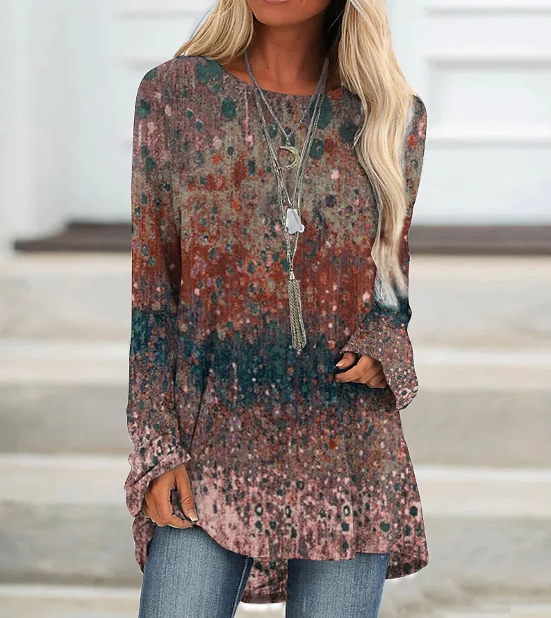 Casual Women's Crew Neck Top Loose Long Sleeve Vintage Print Pullover Fashion T-Shirt