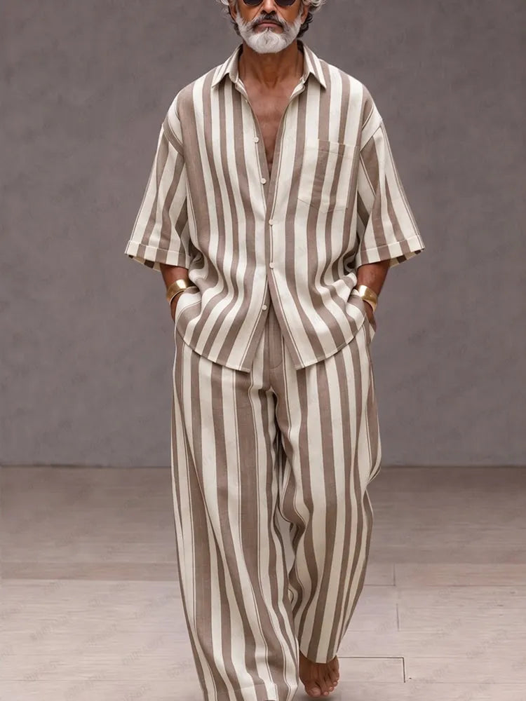 Versatile Loose Fit Wide Striped Shirt Pants Set