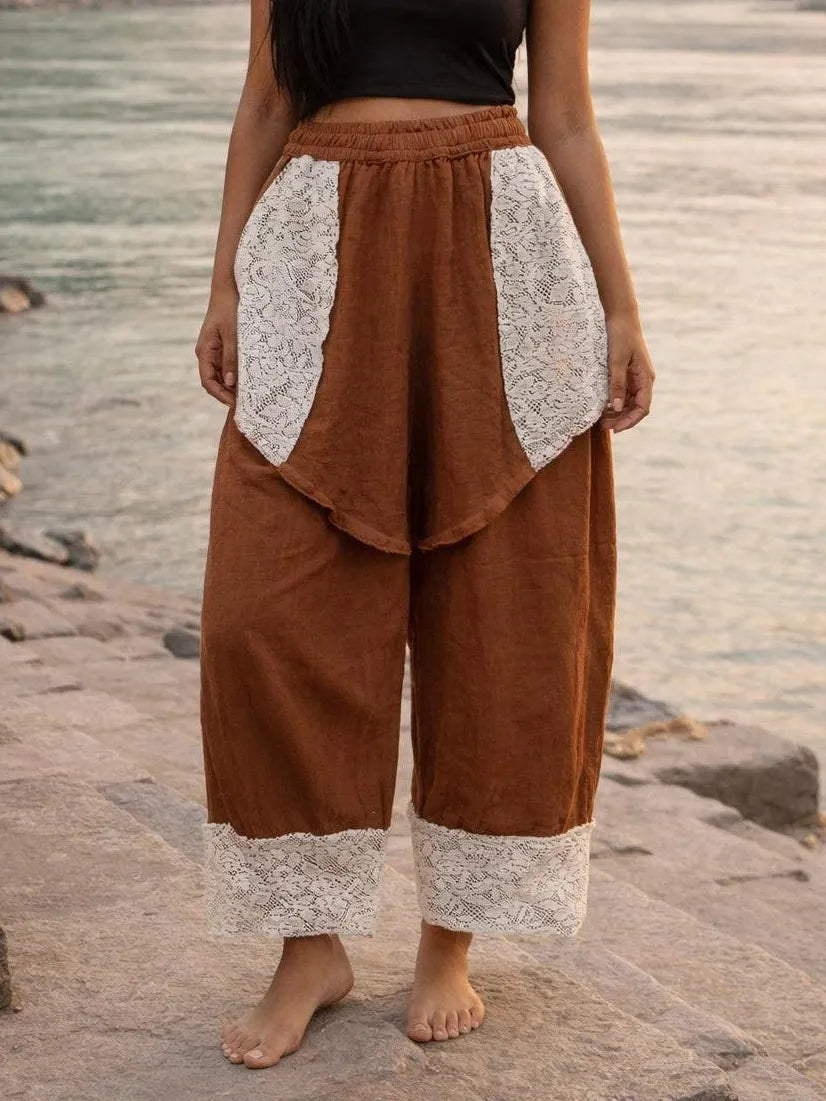 Boho Wide Leg Pants with Lace Panel Detail - Daksh Hrem Pant