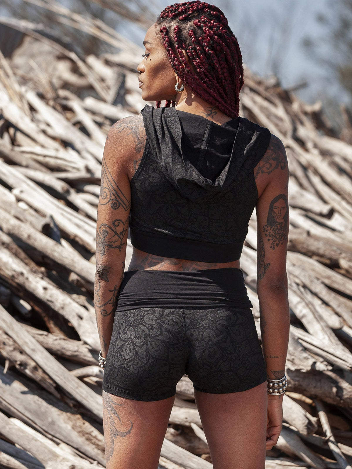 Mandala Print Hot Pants, Foldable Waistband Yoga Shorts