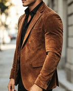 Retro Vintage Brown Suede Effect Single Breasted Blazer
