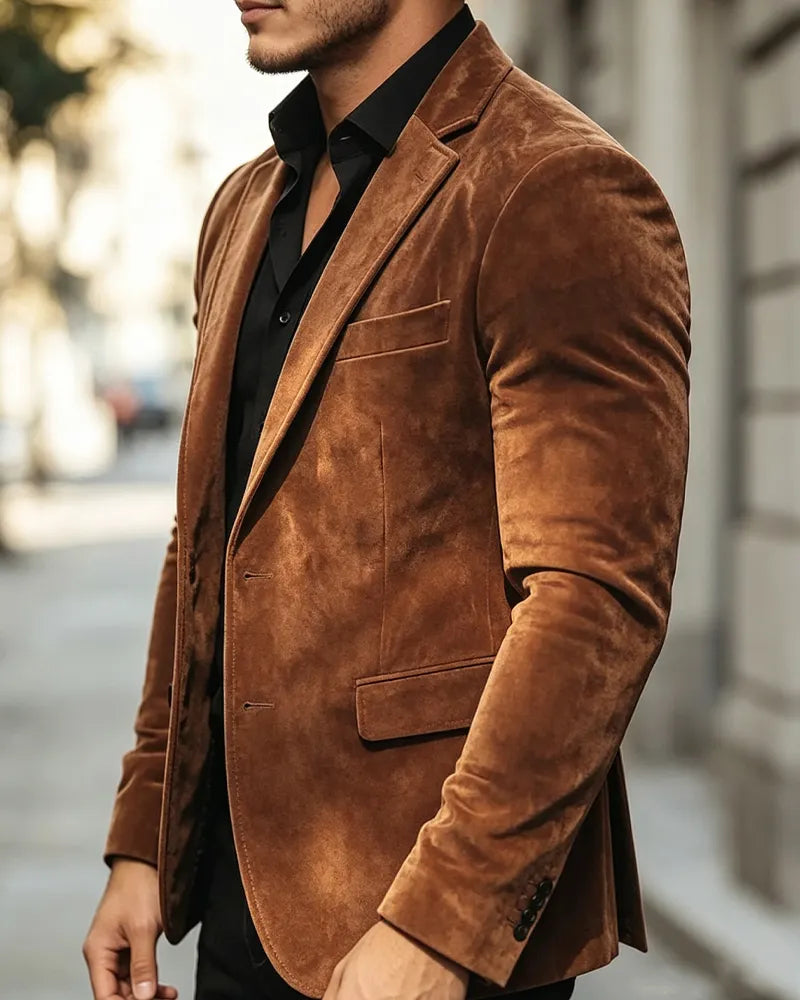 Retro Vintage Brown Suede Effect Single Breasted Blazer