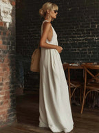 Retro Urban Bohemian V-neck Lace Trim Sleeveless Off-white Cotton Jumpsuit