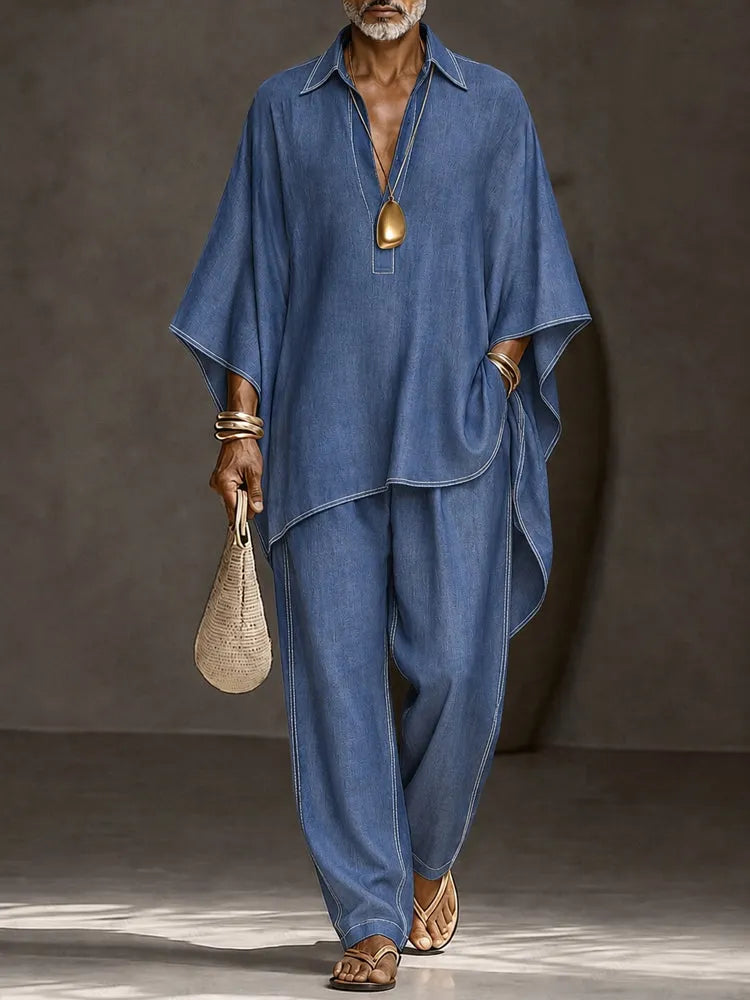Casual Loose Contrast Stitch Faux Denim Co-ord Set