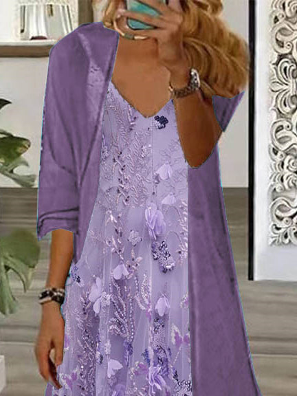 Women's Long Sleeve V-neck Floral Printed Two Pieces Maxi Dress