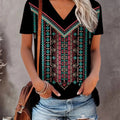 Ethnic Print V Neck T-Shirt, Casual Short Sleeve T-Shirt For Spring & Summer, Women's Clothing